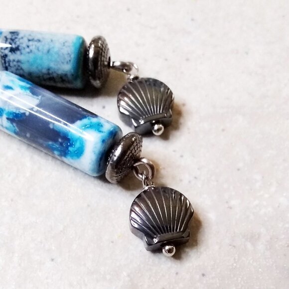 SURF'S UP! One-of-a-kind! Blue & Gray Agate + Hematite Shell Beaded Earrings - Picture 7 of 9